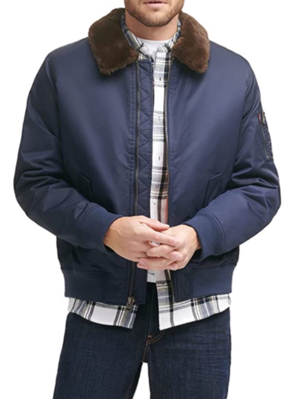NWOT Levi's Men's MA-1 Flight Navy Bomber Jacket with Removable Faux Fur Collar
